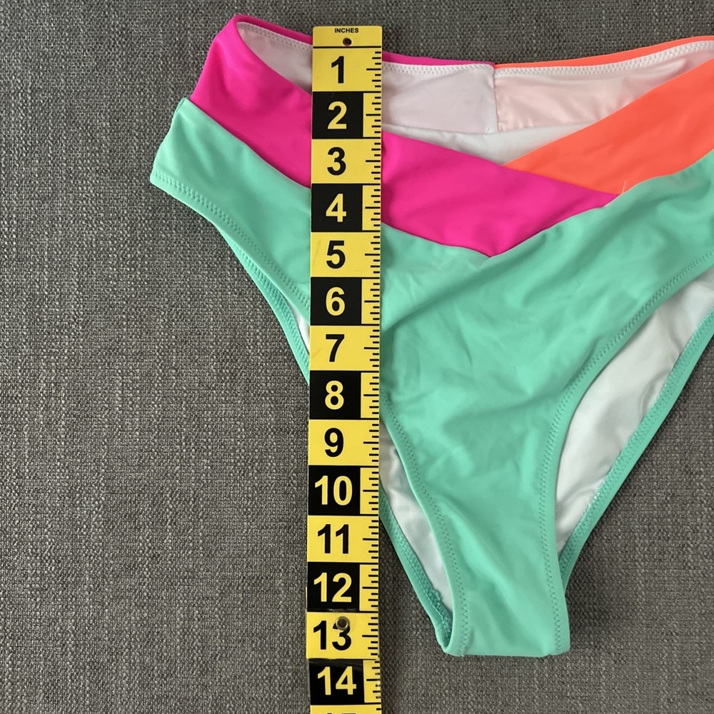 Popvil Neon Color Block High Waisted Bikini Bottom Pink Orange Mint SZ MED NWT - Picture 3 of 10